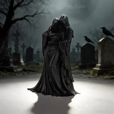 A dark, draped statue resembling the Grim Reaper embracing a figure in a foggy graveyard setting.