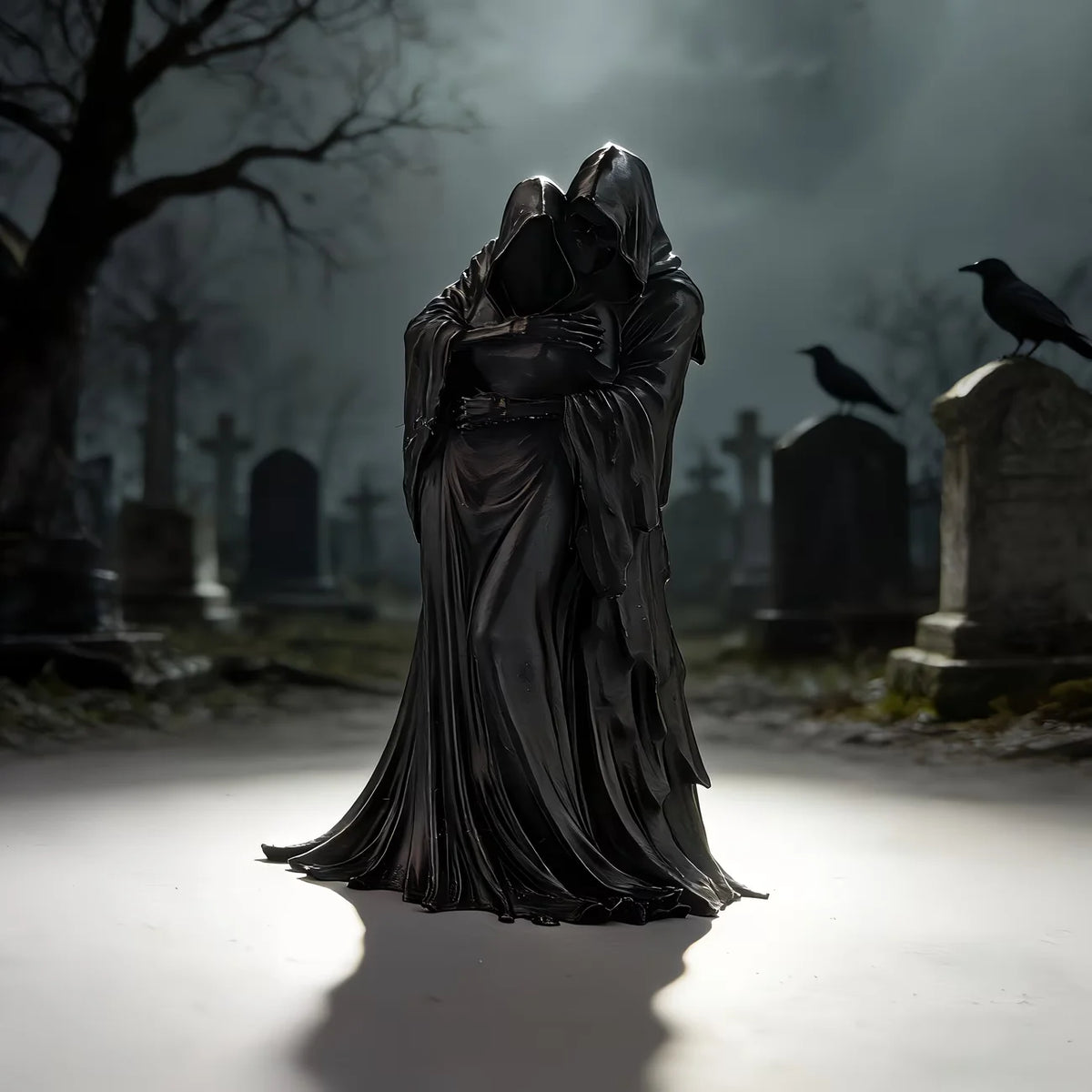 A dark, draped statue resembling the Grim Reaper embracing a figure in a foggy graveyard setting.