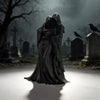 A dark, draped statue resembling the Grim Reaper embracing a figure in a foggy graveyard setting.