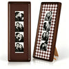 A dark brown wooden photo strip frame featuring a checkered pattern of black and white photos.