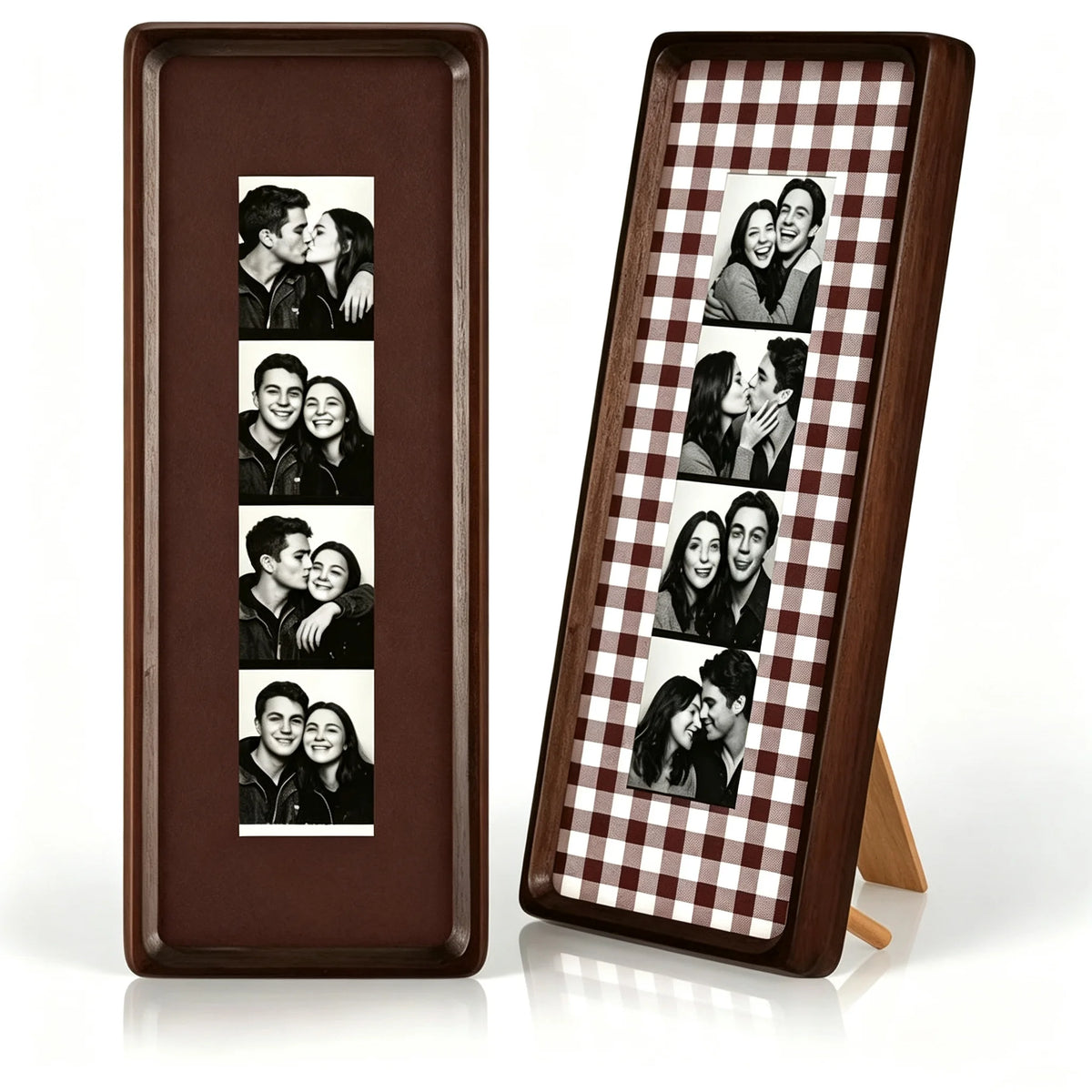 A dark brown wooden photo strip frame featuring a checkered pattern of black and white photos.