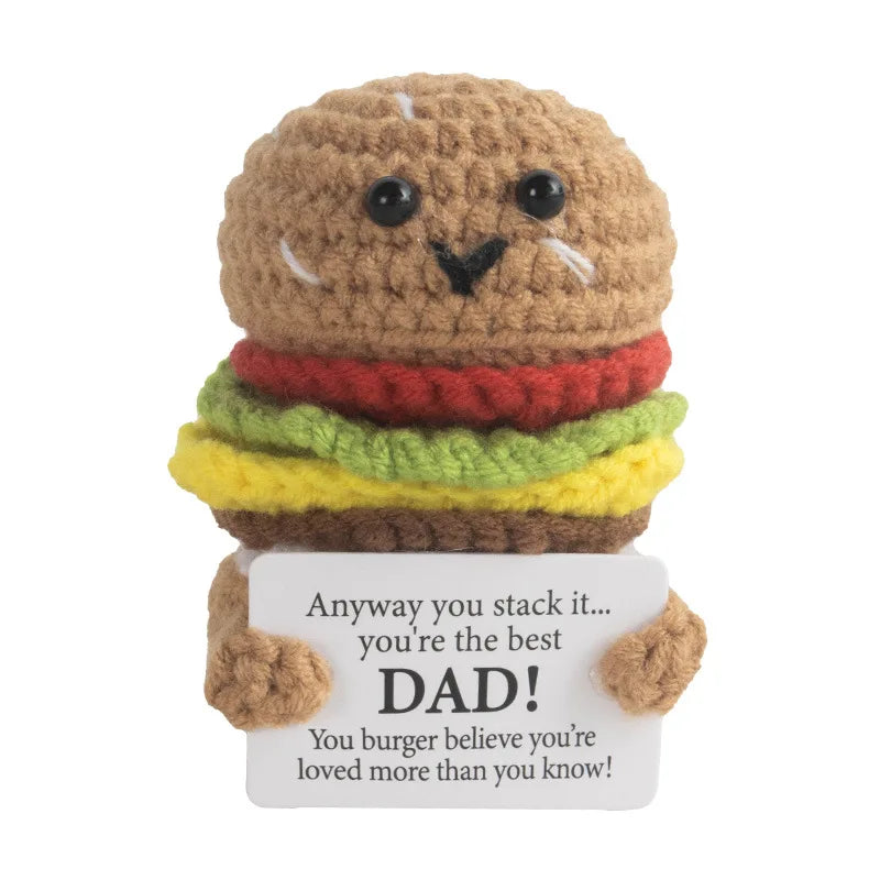 Handmade crochet donkey ornament with brown fur and colorful layered sandwich-like body