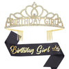 A gold crystal birthday crown and black satin sash with gold lettering for a girl