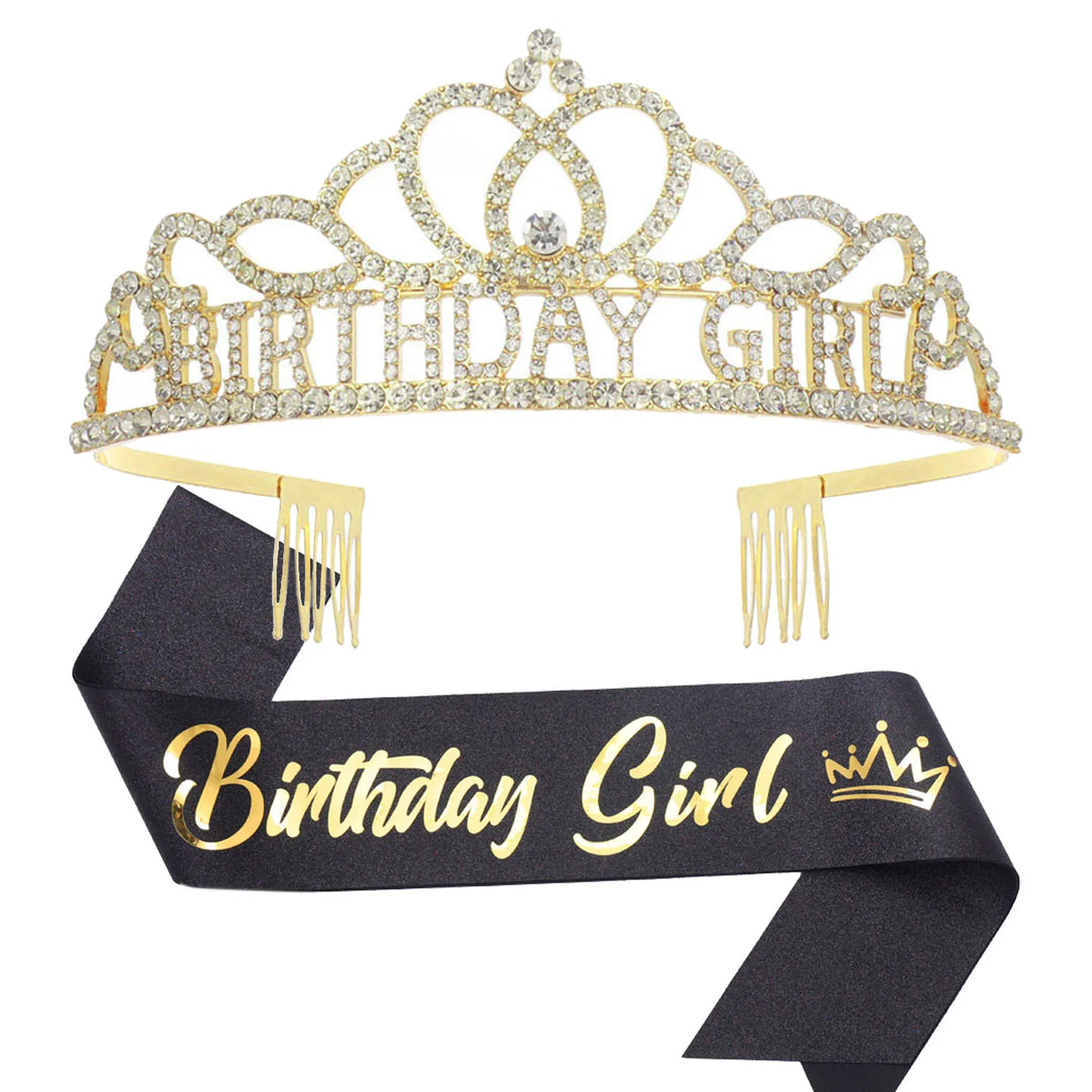 A gold crystal birthday crown and black satin sash with gold lettering for a girl