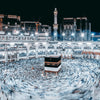 A wide-angle night shot of a large crowd gathered in a circle, with an illuminated mosque and cityscape in the background.