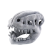 A gray plush costume depicting a dinosaur skeleton with visible teeth and jaw structure.