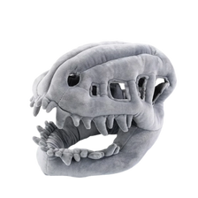 A gray plush costume depicting a dinosaur skeleton with visible teeth and jaw structure.