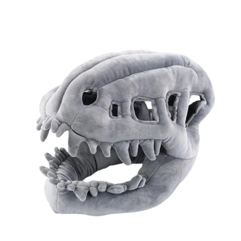 A gray plush costume depicting a dinosaur skeleton with visible teeth and jaw structure.