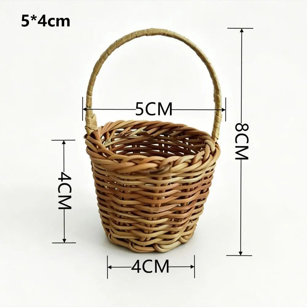 A handwoven rattan storage basket with handles, measuring 5x4cm.