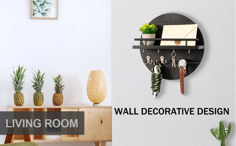 A circular wooden wall decorative design featuring a shelf and hooks for keys and small items.