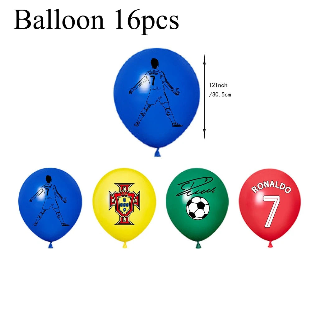 A set of 16 soccer ball balloons featuring Cristiano Ronaldo's signature number 7 in various colors.