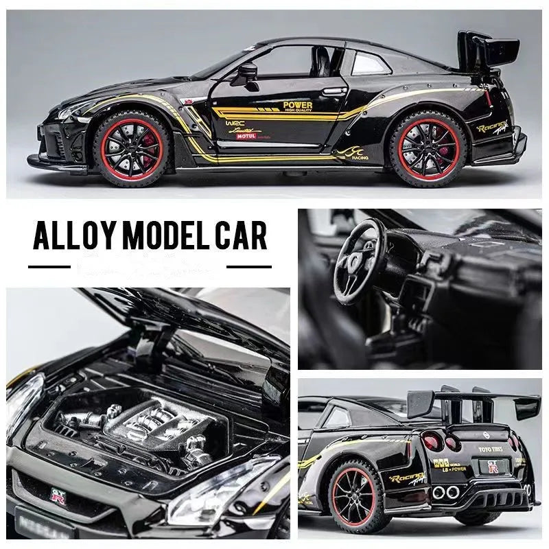 A black 1:32 scale diecast GTR sports car model with racing decals and sound/light features.