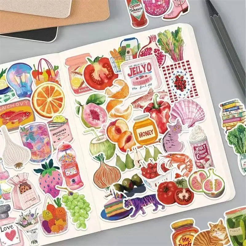 A page of retro cute food pattern decals featuring various fruits, vegetables, and candies.