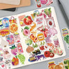 A page of retro cute food pattern decals featuring various fruits, vegetables, and candies.