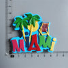 A colorful magnet collection featuring palm trees and the word Miami on a light blue background.