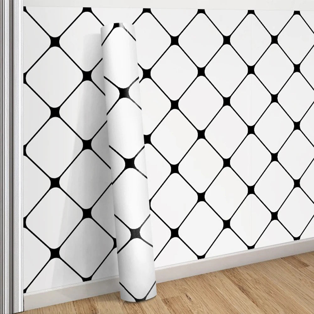 Roll of classic grid peel-and-stick wallpaper featuring a black diamond pattern on a white background.