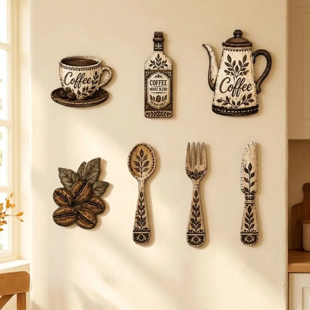 A set of vintage wooden coffee utensils including a decanter, spoon, fork, and knife displayed on a white wall.