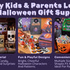 Présentation de fournitures pour Halloween : seaux de bonbons lumineux, petits jouets et décorations thématiques.