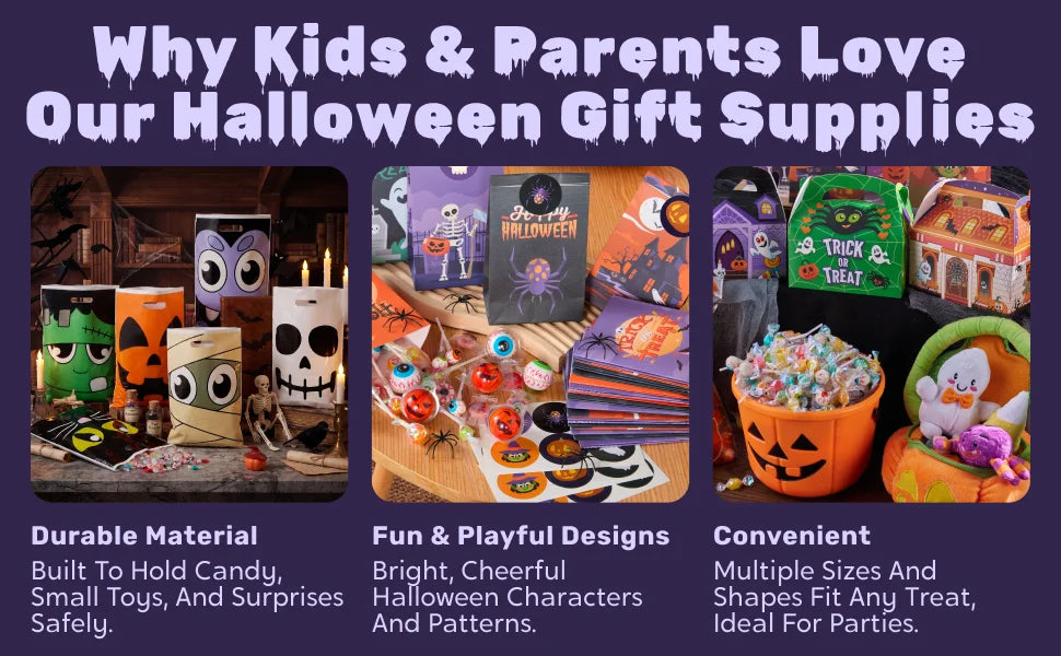 Présentation de fournitures pour Halloween : seaux de bonbons lumineux, petits jouets et décorations thématiques.