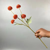 Una mano sostiene un tallo con varias flores artificiales de crisantemo y diente de león naranjas-rojas y esponjosas.