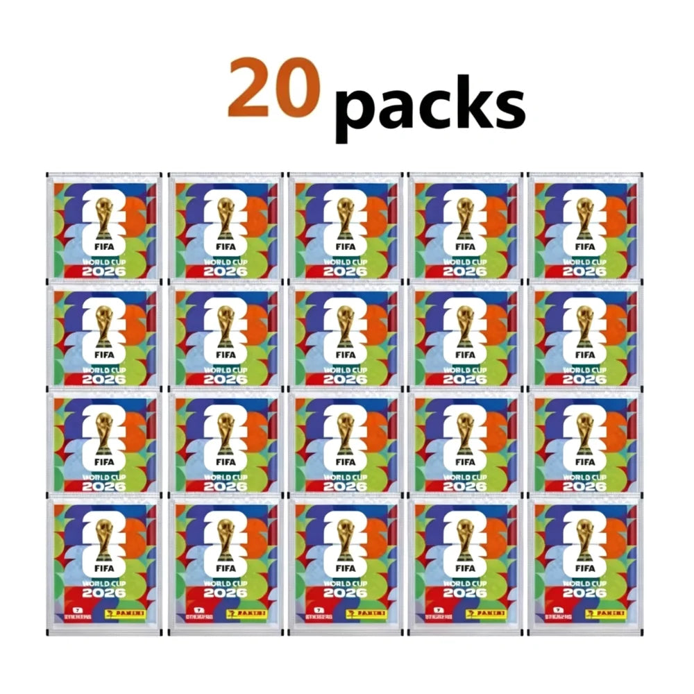 A box containing 20 packs of Panini 2026 FIFA World Cup Official stickers.