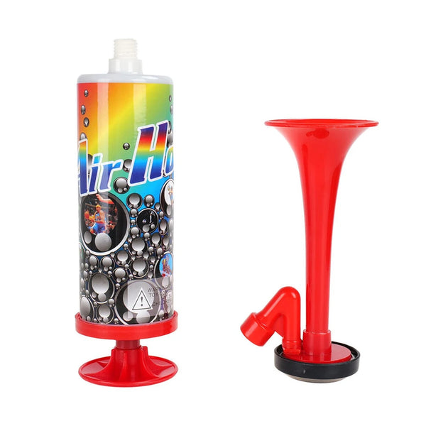 A reusable air pressure horn with a colorful gradient body and a red base and nozzle.
