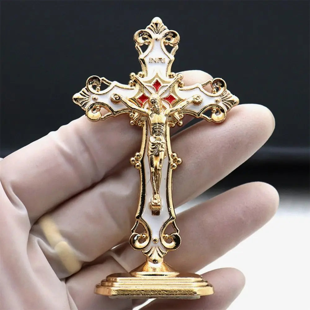 Golden Crucifix Figurine with Enamel Accents