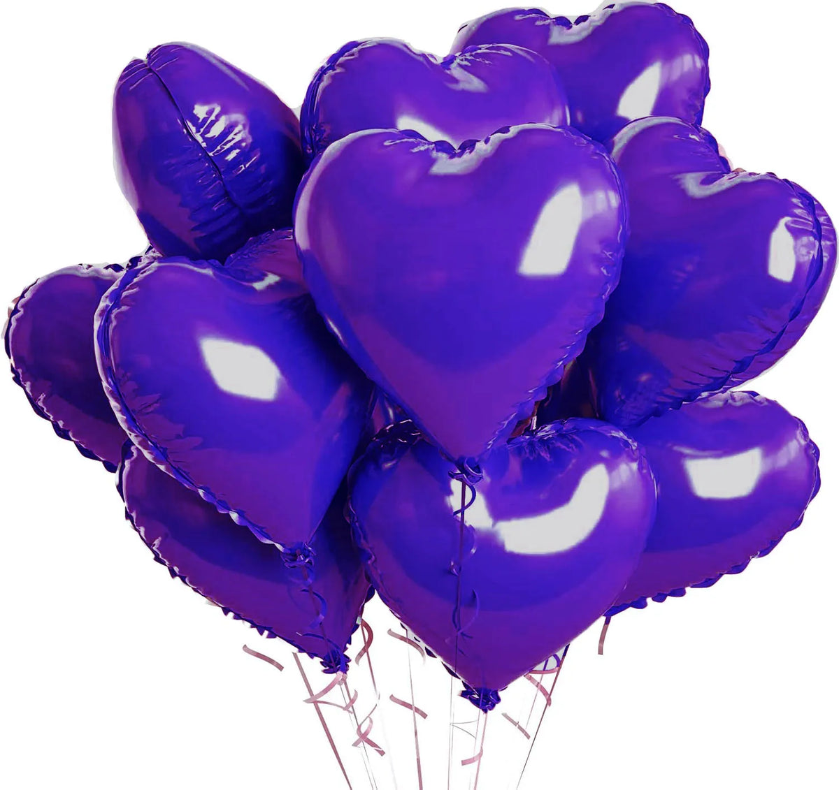 A cluster of purple heart-shaped foil balloons tied together, ready for parties and celebrations.