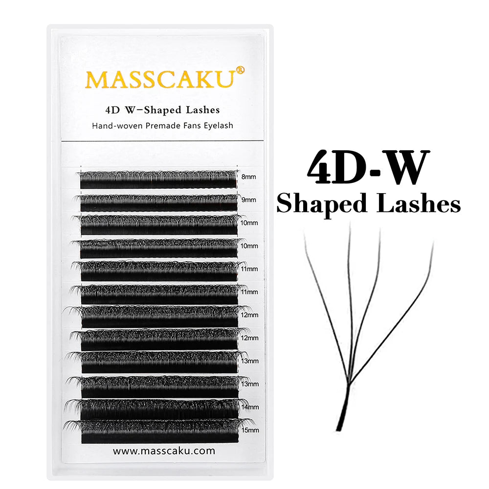 Packaging for MASSCAKU 4D-W Shaped Lashes featuring various lengths from 8mm to 15mm