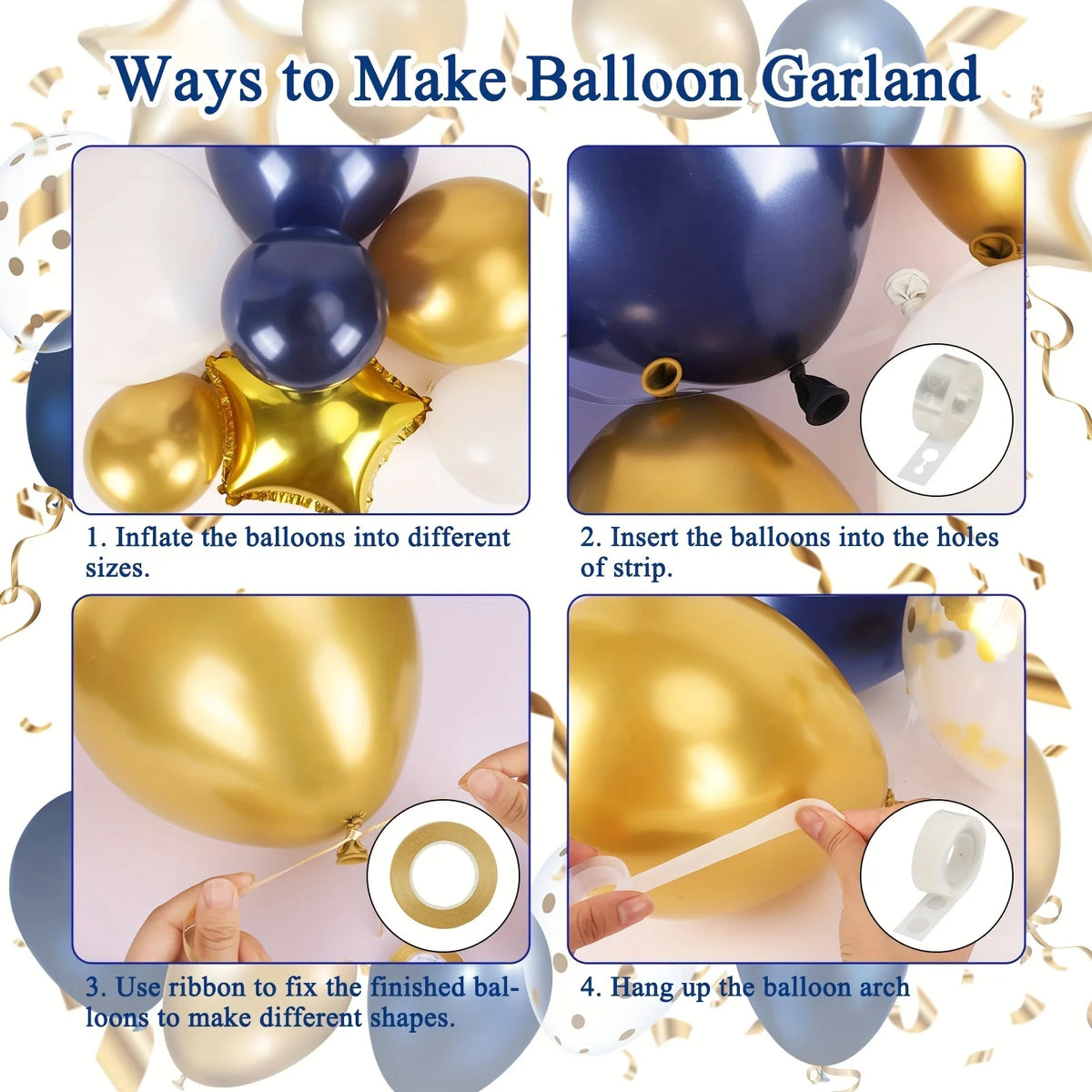 Instructions for making a balloon garland using navy blue and gold balloons and ribbon.