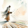 Watercolor painting of Jesus as a shepherd scattering seeds onto a field.