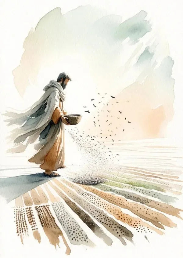 Watercolor painting of Jesus as a shepherd scattering seeds onto a field.