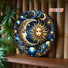 A round metal wall sign featuring a detailed celestial design of the sun and moon in gold and blue tones.