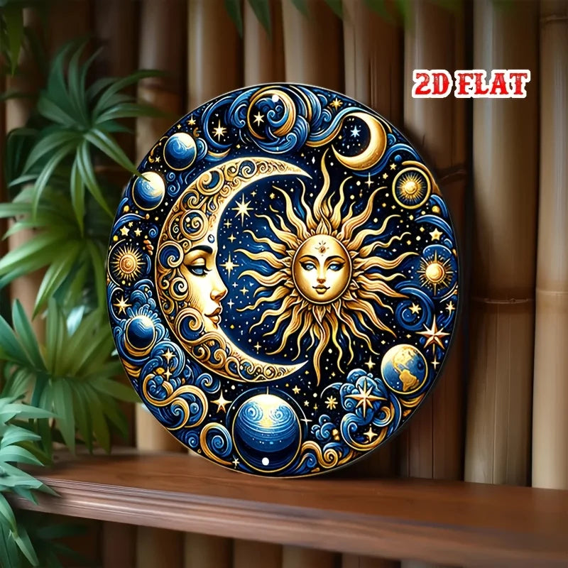 A round metal wall sign featuring a detailed celestial design of the sun and moon in gold and blue tones.
