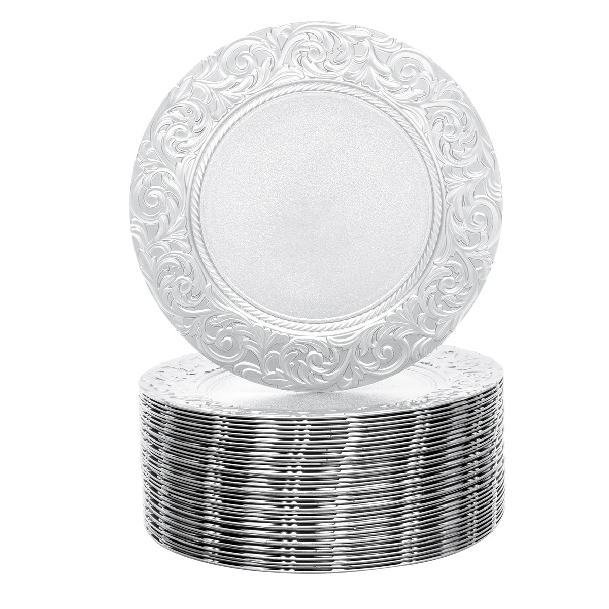 A stack of silver embossed charger plates with decorative rims.