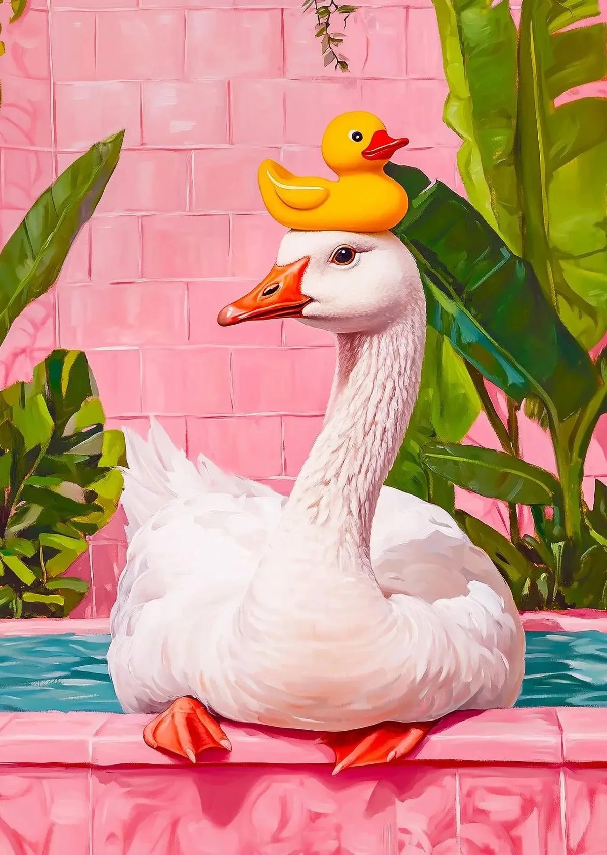 A white duck with a yellow duckling is depicted in a floral portrait style against a pink brick background.