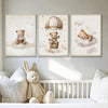 A set of three canvas prints featuring teddy bears in a bohemian style, displayed above a white wooden railing.