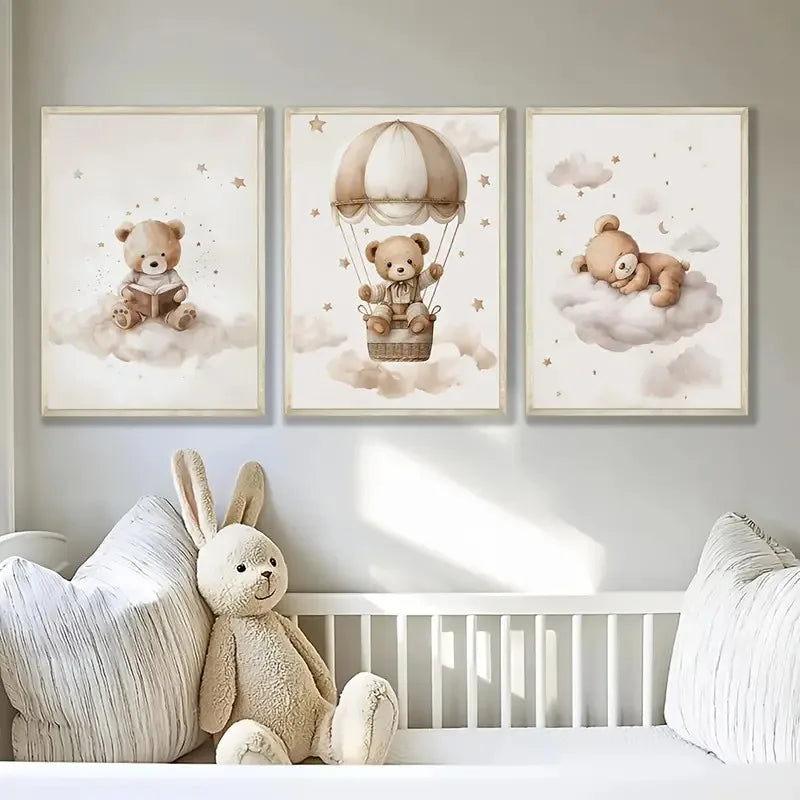 A set of three canvas prints featuring teddy bears in a bohemian style, displayed above a white wooden shelf.
