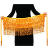 Orange sequin hula dancer skirt with long fringe and tassel belts displayed against a black background