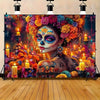 A vibrant Day of the Dead party backdrop featuring a woman with intricate face paint and a colorful floral crown.
