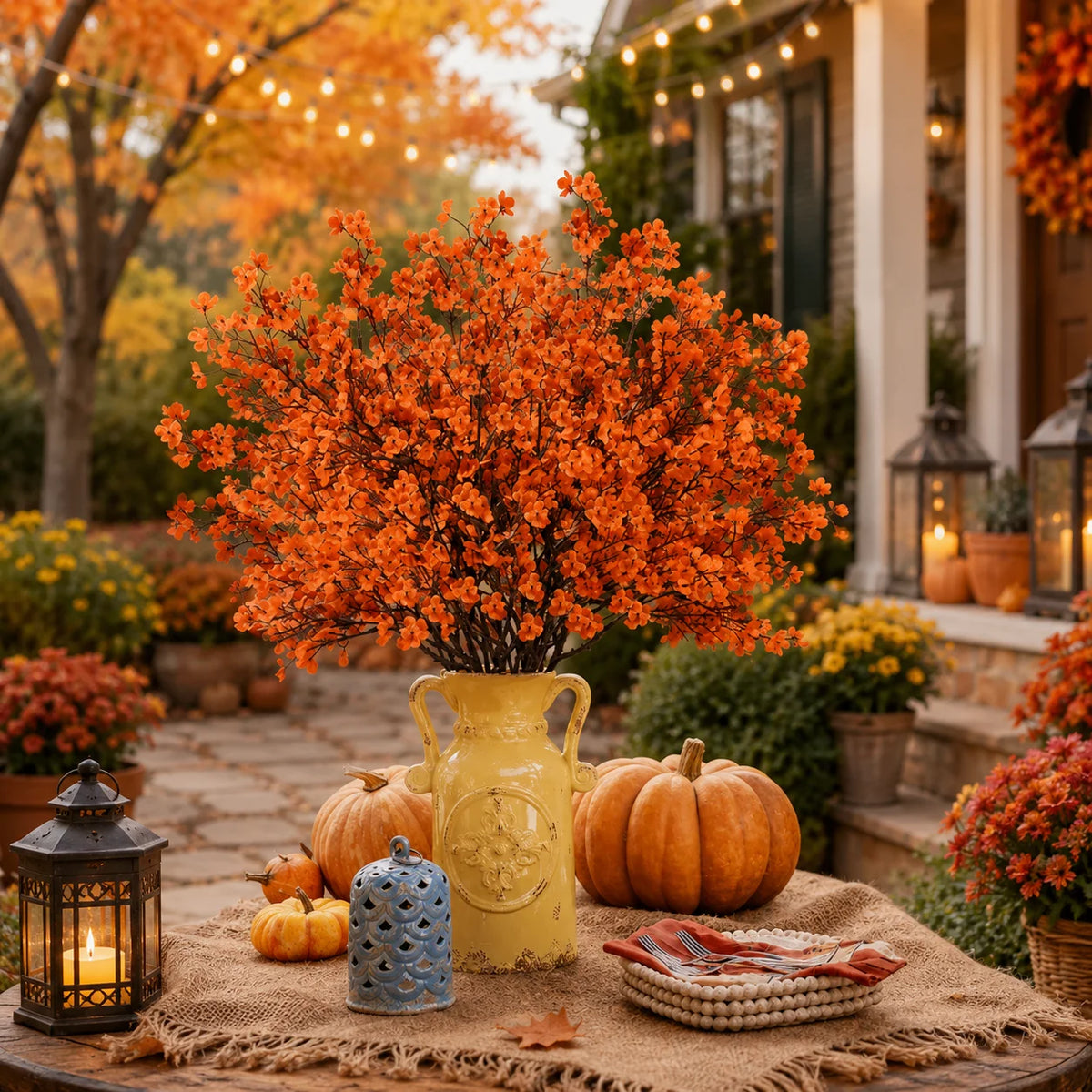 Artificial orange baby's breath flowers in a yellow vase displayed on a rustic wooden surface with pumpkins and lanterns.