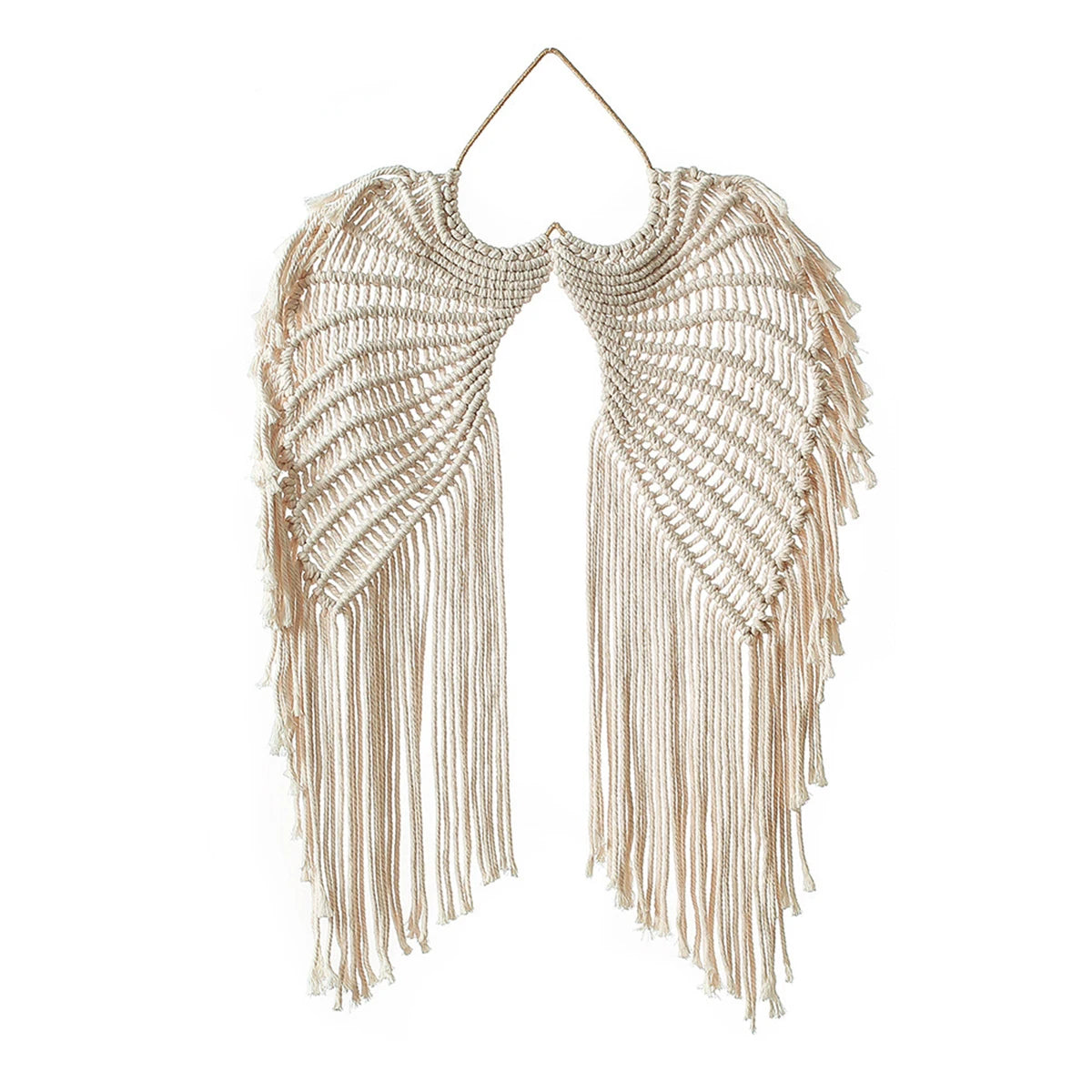 Handwoven angel wing macrame wall hanging in beige natural fiber