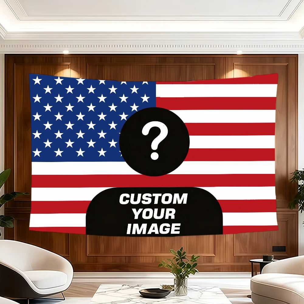 A large American flag tapestry featuring the stars and stripes design displayed on a wooden wall.