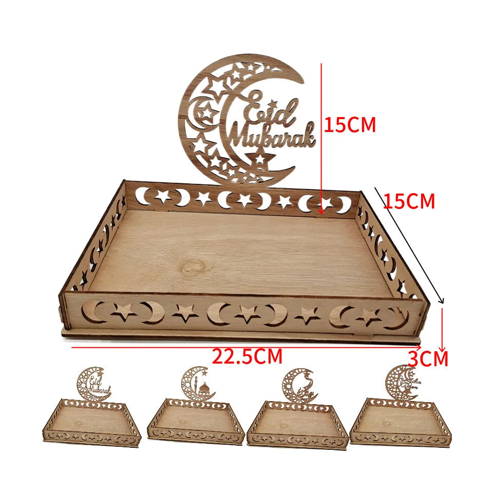 Juego de bandeja para Eid Mubarak de madera con recorte de luna creciente decorativo