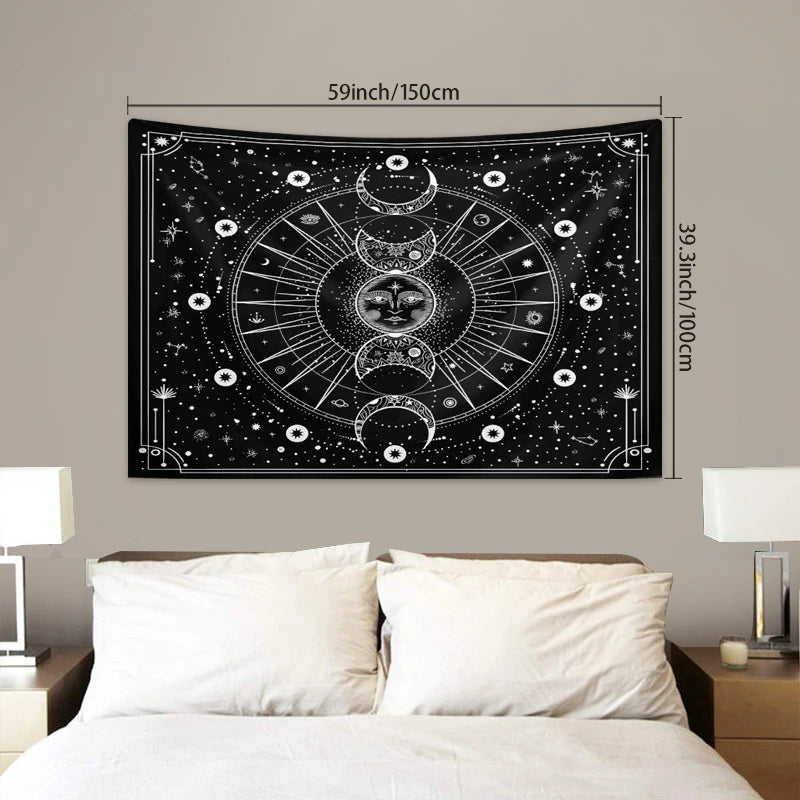 A black tapestry wall hanging featuring a psychedelic sun and moon mandala design on a dark background.