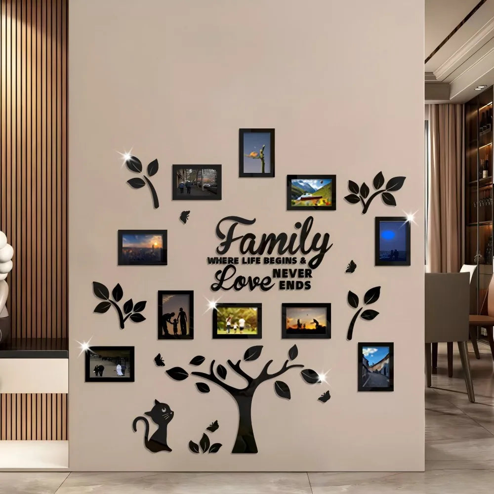 A wall collage featuring a family tree design with various framed photos and leaves on a light beige wall.