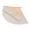 Hand carved bamboo folding fan with light yellow paper and natural wood frame
