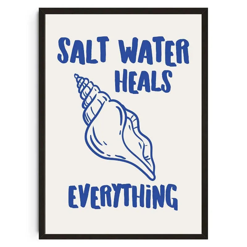 Blaufarbener Text mit dem Zitat „Salt Water Heals Everything“ und einer Muschelillustration.