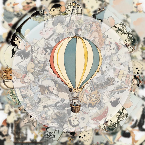 Un design circulaire avec divers personnages de dessins animés et un grand ballon à air chaud rayé.