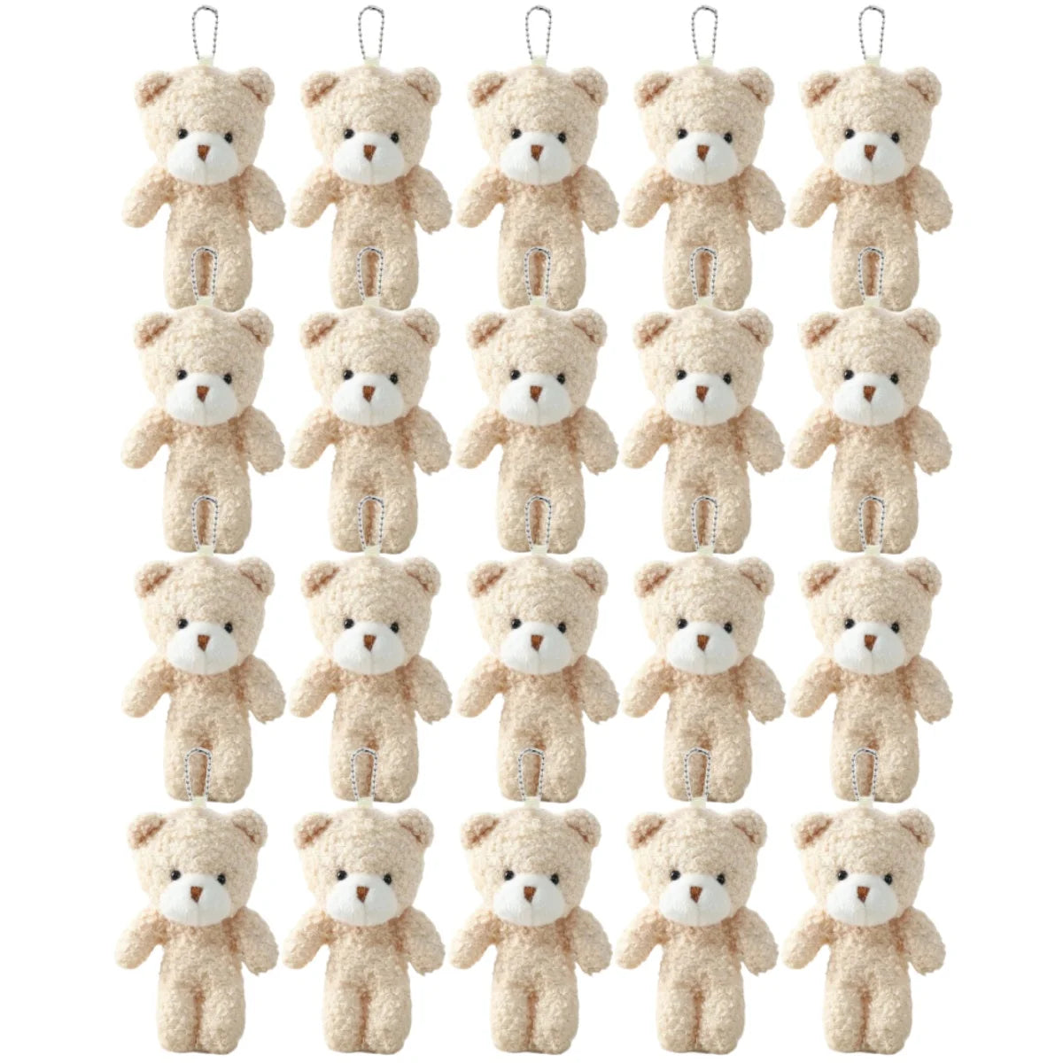 A set of mini plush teddy bear keychains in a light tan color.